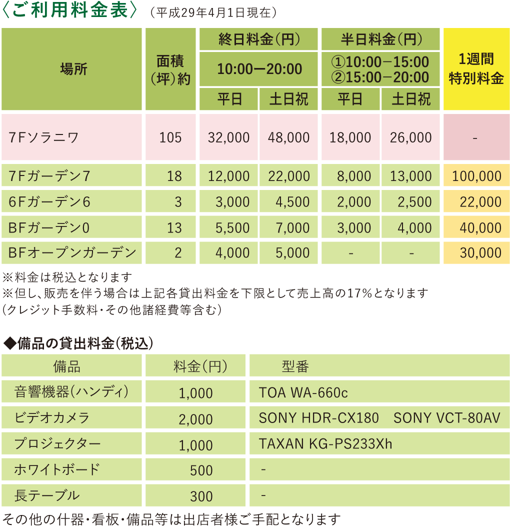 ご利用料金表